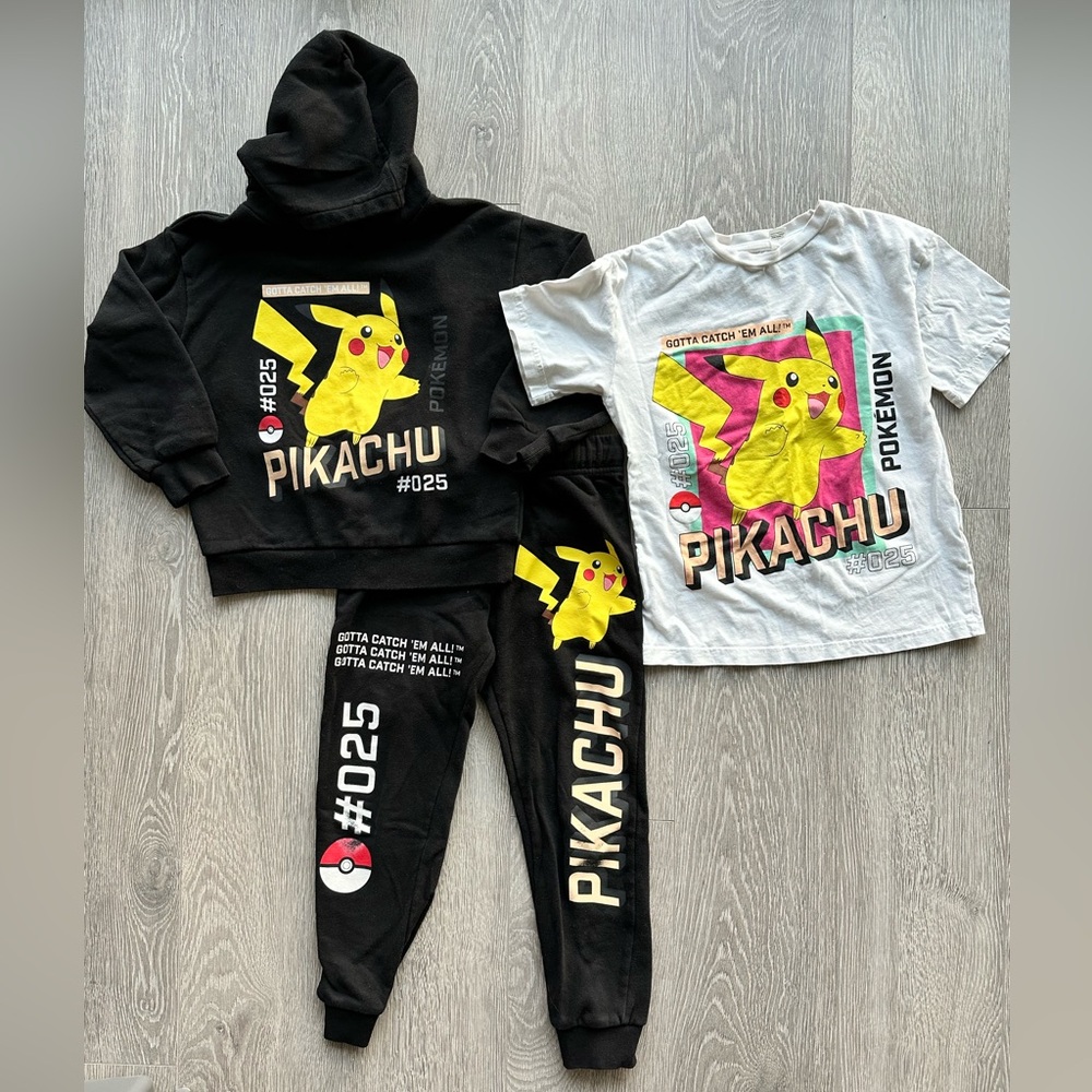 H&M Pokémon Pikachu Boys Youth Black Hoodie Sweatpants White T-Shirt Size 6X